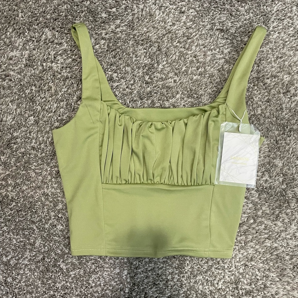 NWT! Amazon “BEJONS” Brand Square Neck Green Ruched Corset Crop Top. Size Medium
